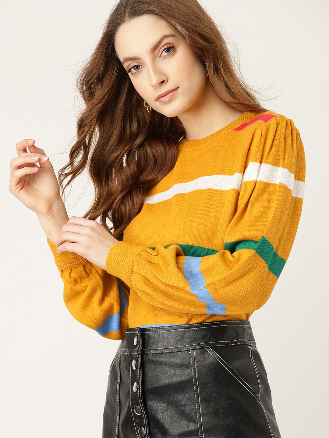 

DressBerry Women Mustard Yellow Striped Puff Sleeves Pullover