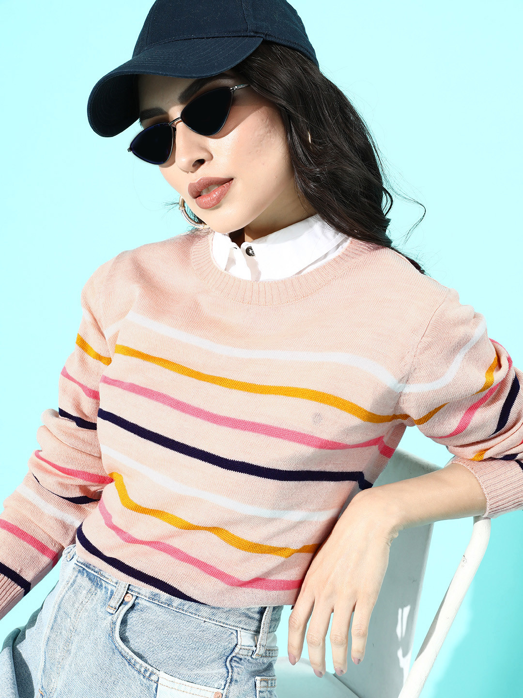 

DressBerry Women Peach Striped Knitted Sweater