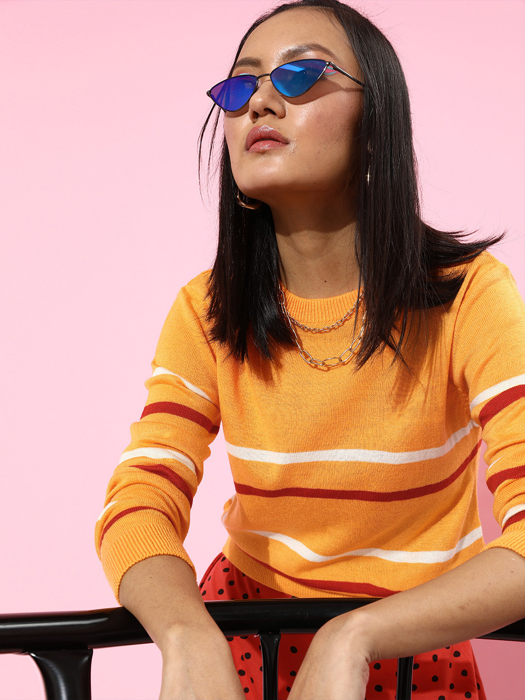 

DressBerry Women Mustard Striped Knitted Sweater