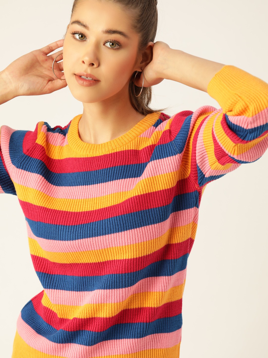 

DressBerry Women Pink & Blue Striped Pullover