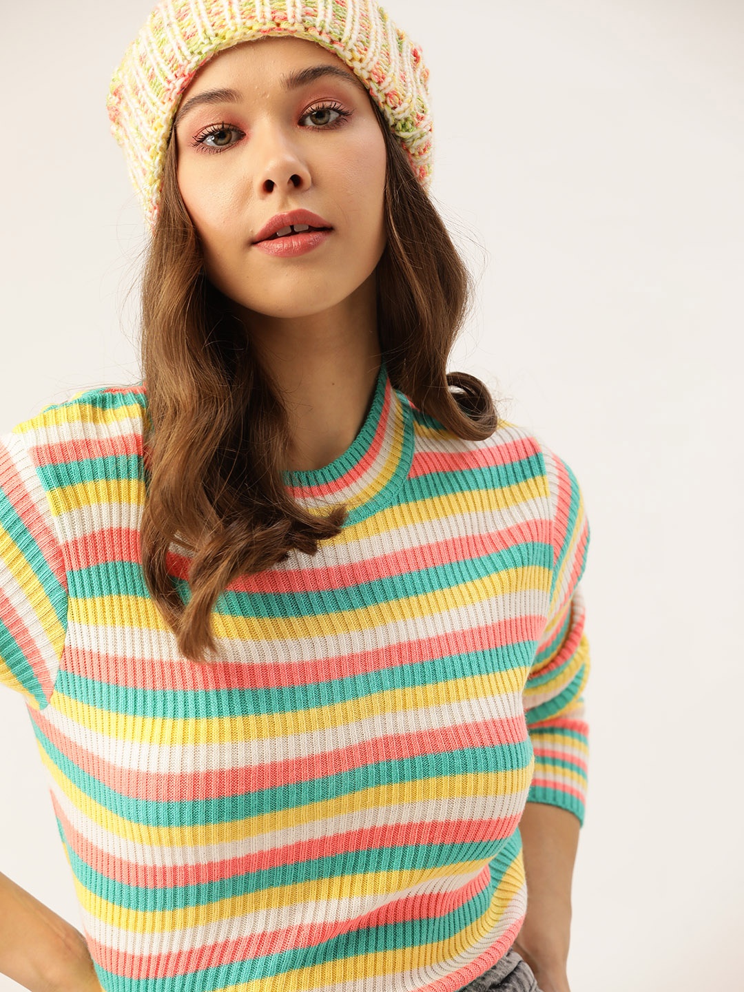 

DressBerry Women Yellow & Green Striped Ribbed Pullover