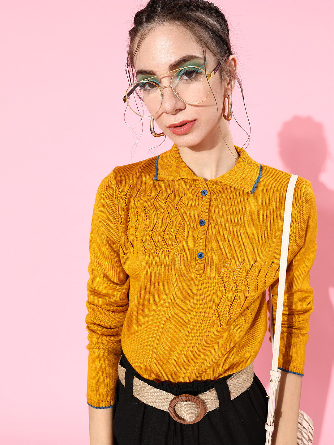 

DressBerry Women Stylish Mustard Ethnic Motifs Knitted Sweater