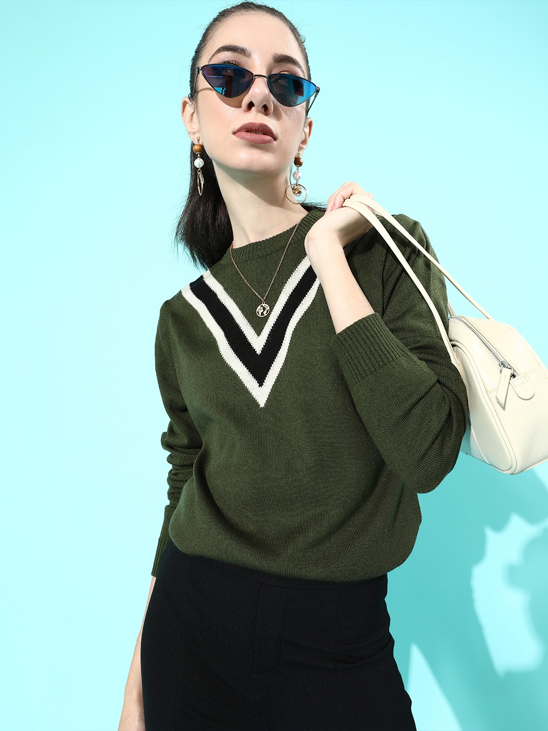 

DressBerry Women Lovely Olive Geometric Knitted Sweater