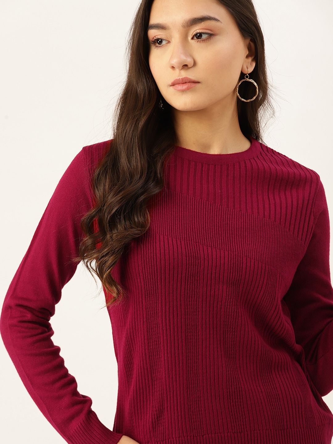 

DressBerry Women Maroon Self-Striped Pullover