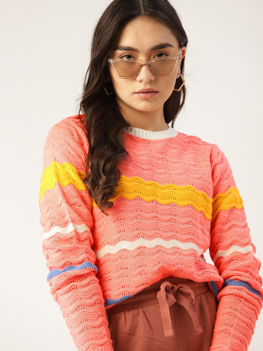 

DressBerry Women Pink & Yellow Striped Pullover