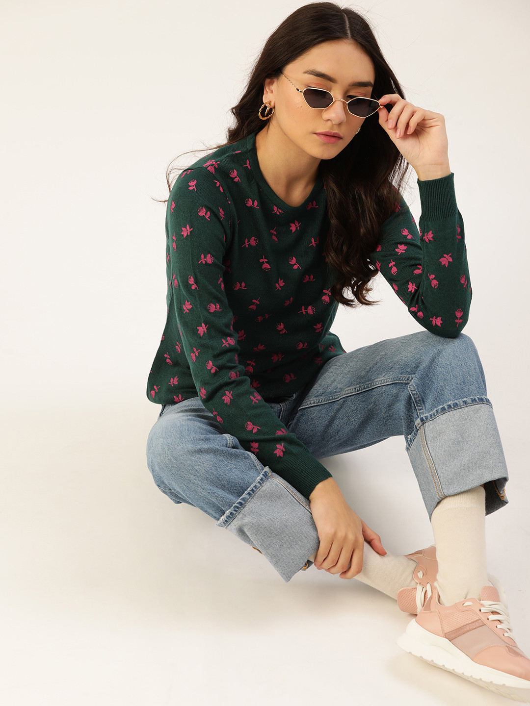 

DressBerry Women Green & Pink Floral Printed Pullover