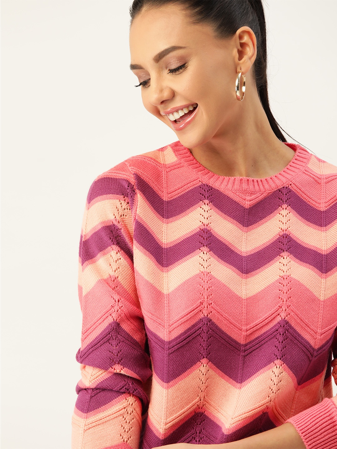 

DressBerry Women Peach-Coloured & Purple Chevron Striped Pullover