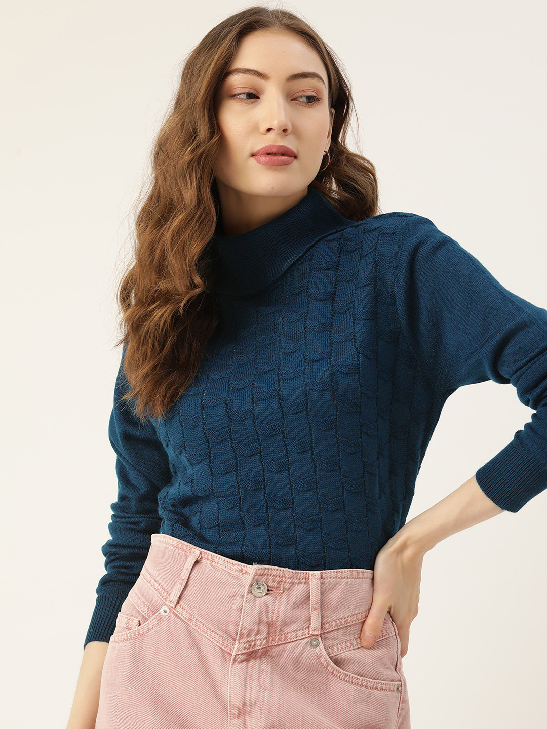 

DressBerry Women Teal Blue Self-Design Pullover