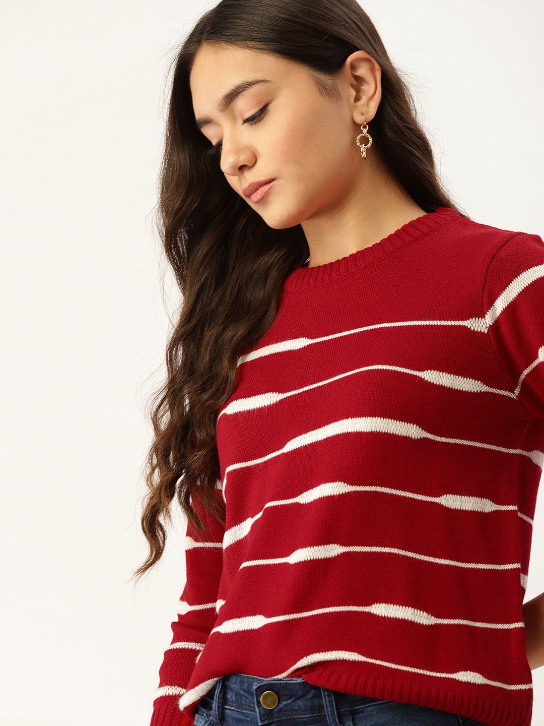 

DressBerry Women Red & White Striped Pullover