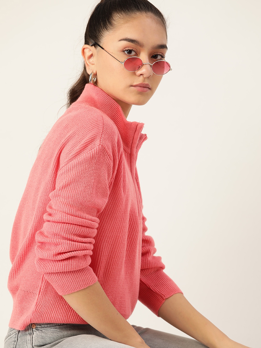 

DressBerry Women Pink Ribbed Pullover