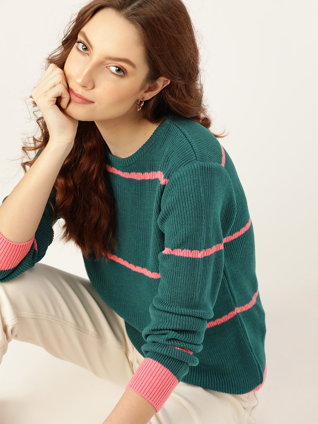 

DressBerry Women Teal Green & Pink Striped Pullover