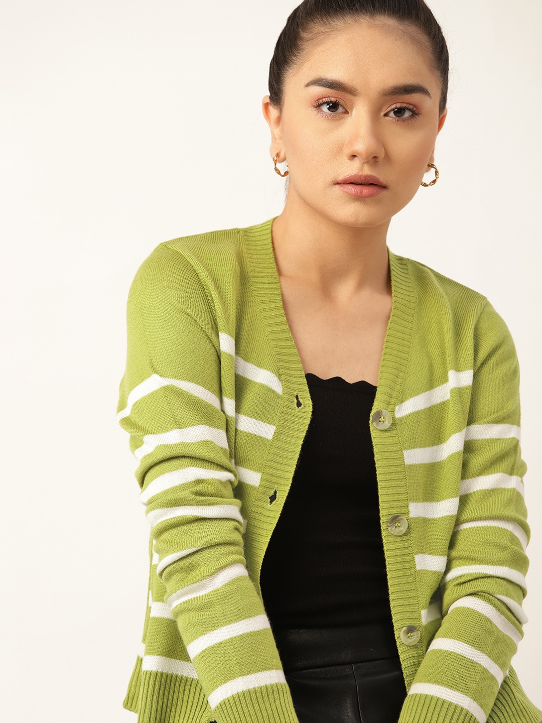 

DressBerry Women Green & White Striped Cardigan