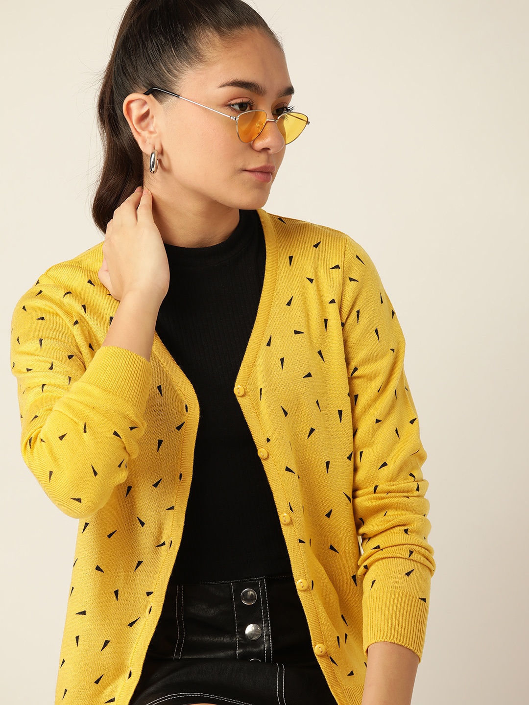 

DressBerry Women Yellow & Black Printed Cardigan