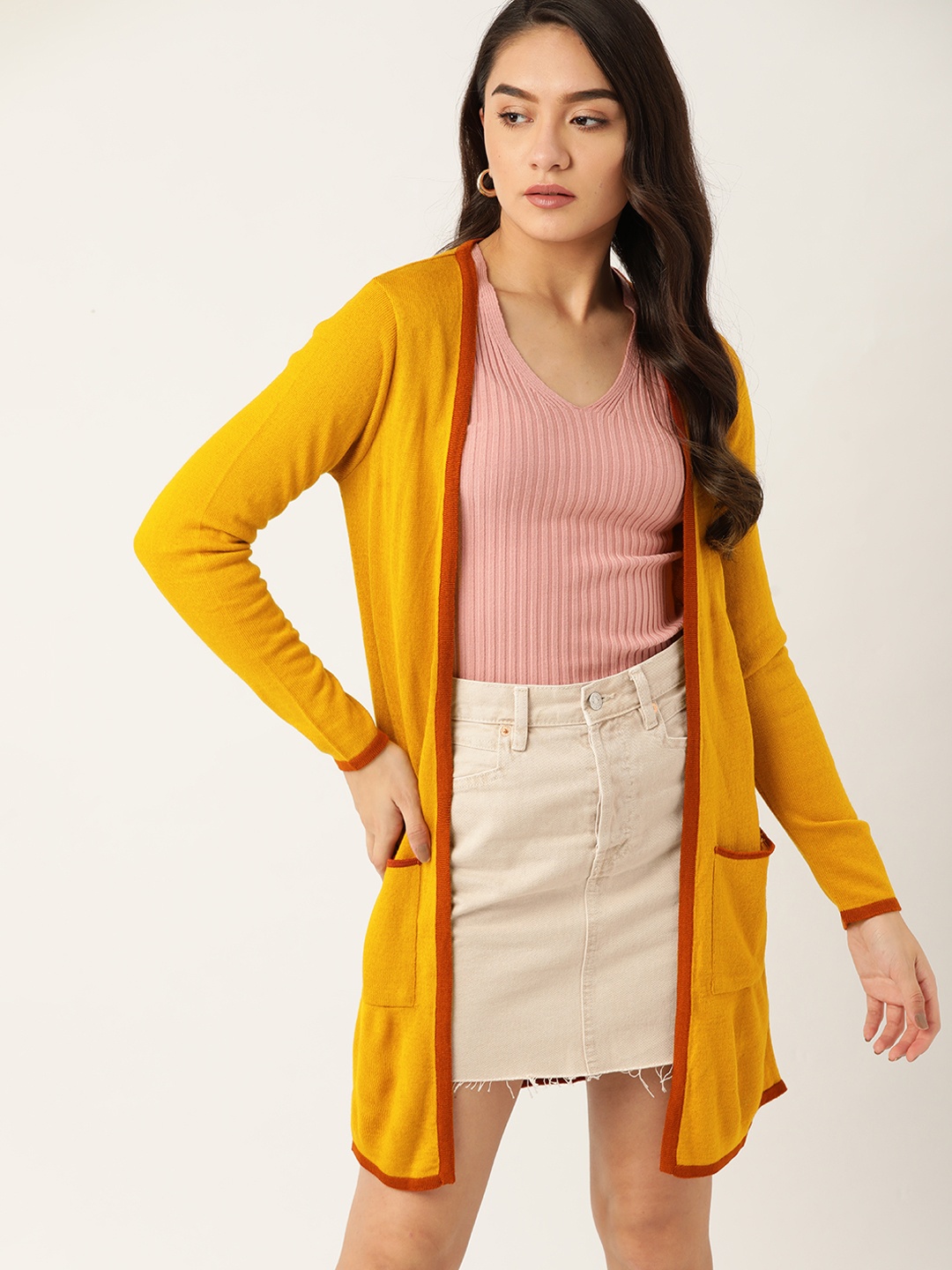 

DressBerry Women Mustard Yellow Solid Longline Front-Open Sweater