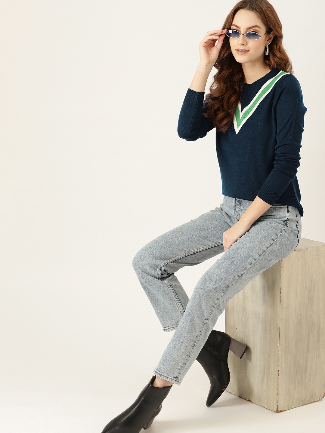 

DressBerry Women Navy Blue & Green Striped Pullover
