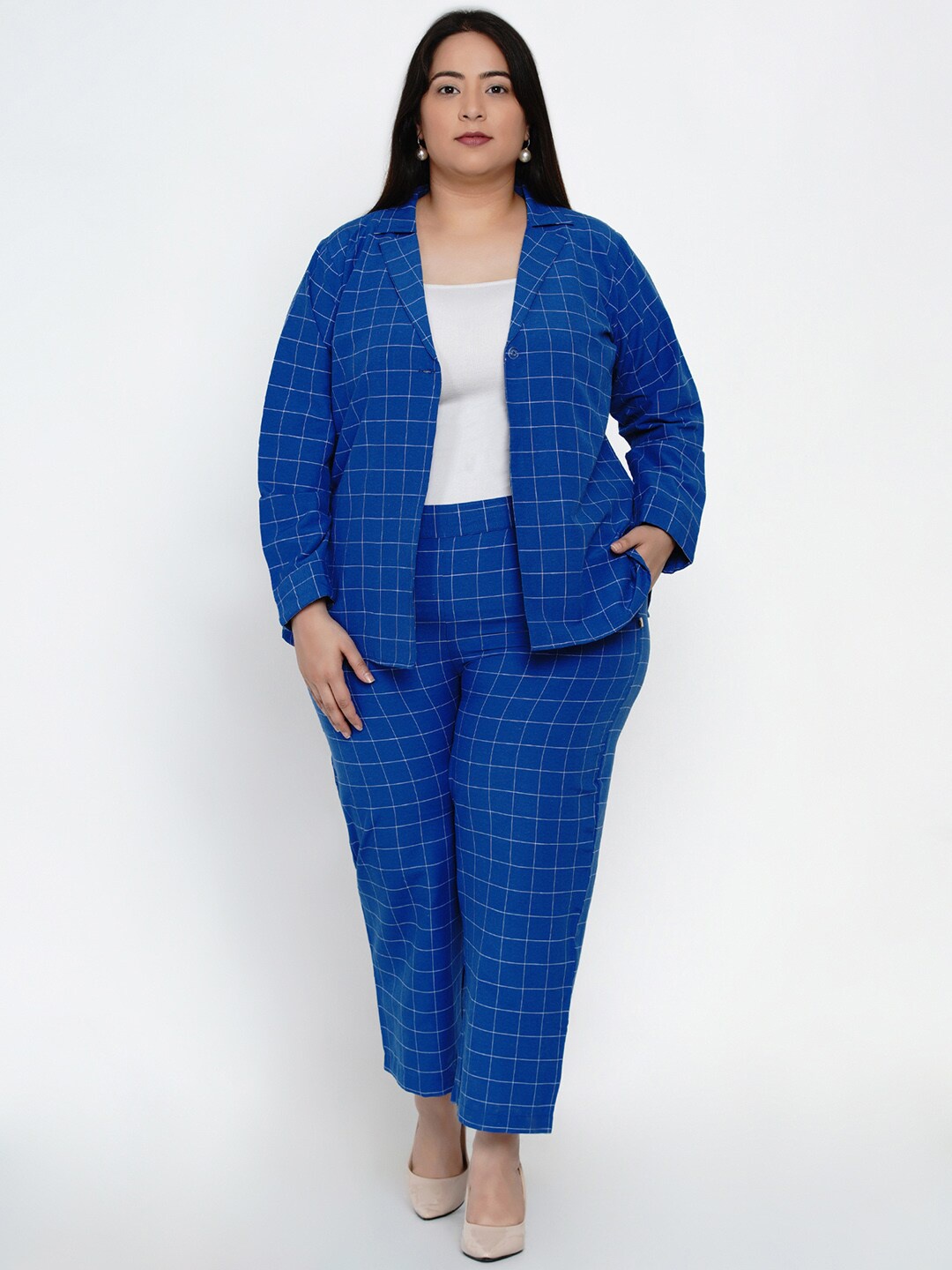 

Fabnest Curve Women Blue & White Checked Coat with Trousers