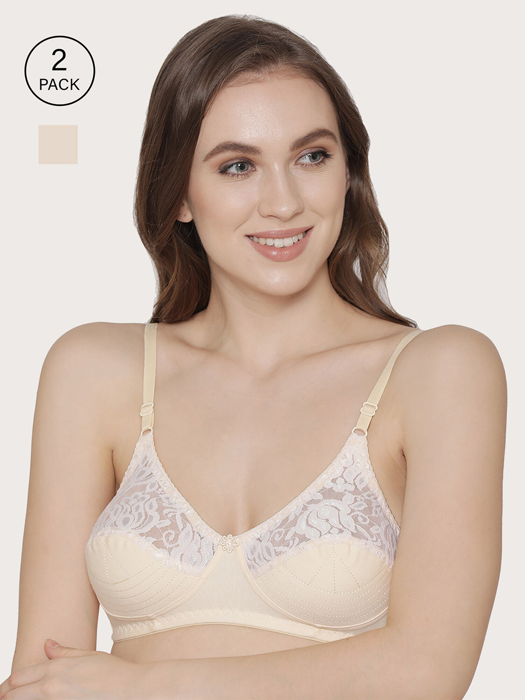 

Kalyani Pack of 2 Cream-Coloured & White Lace Non-Wired Non Padded Everyday Bra 4709