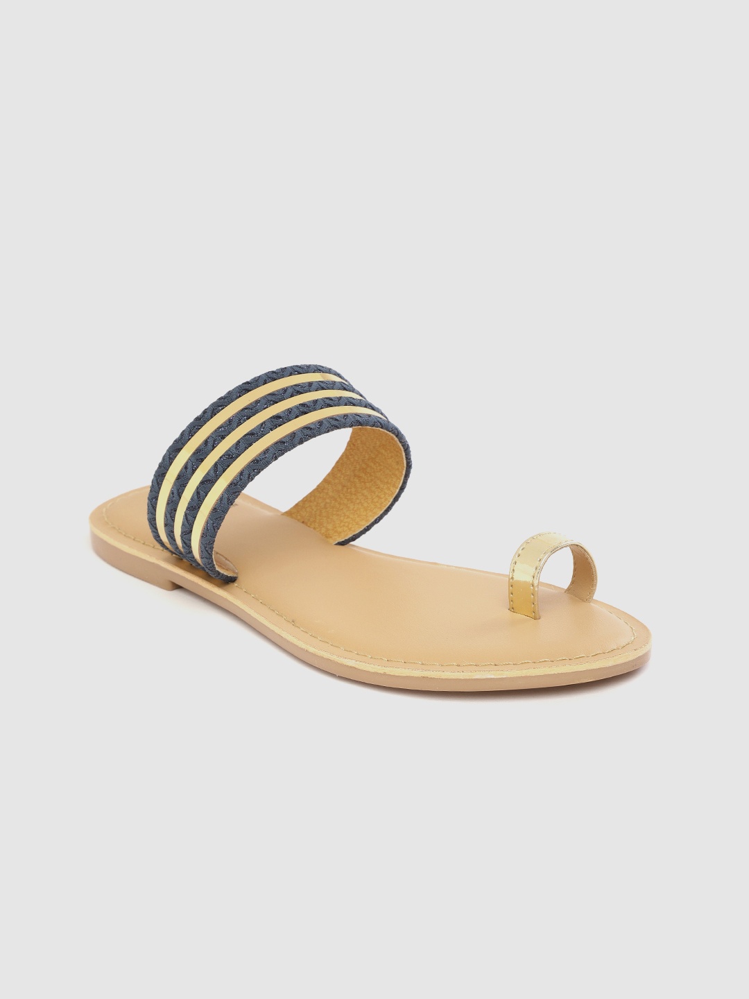 

Carlton London Women Gold-Toned & Navy Blue Striped One Toe Flats