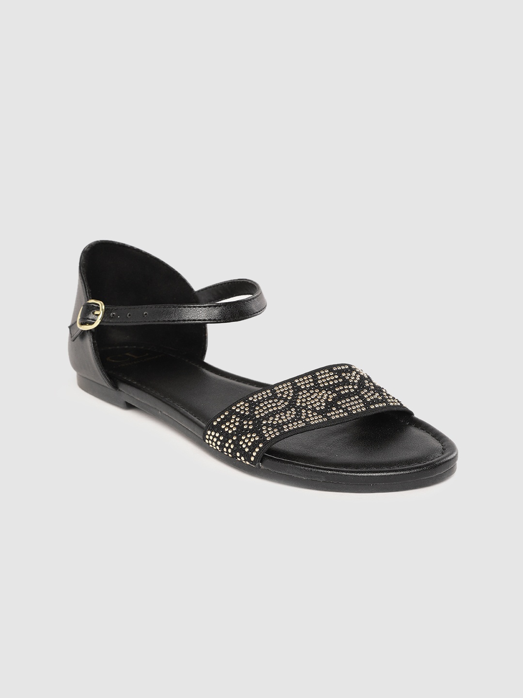 

Carlton London Women Black & Gold-Toned Embellished Open Toe Flats