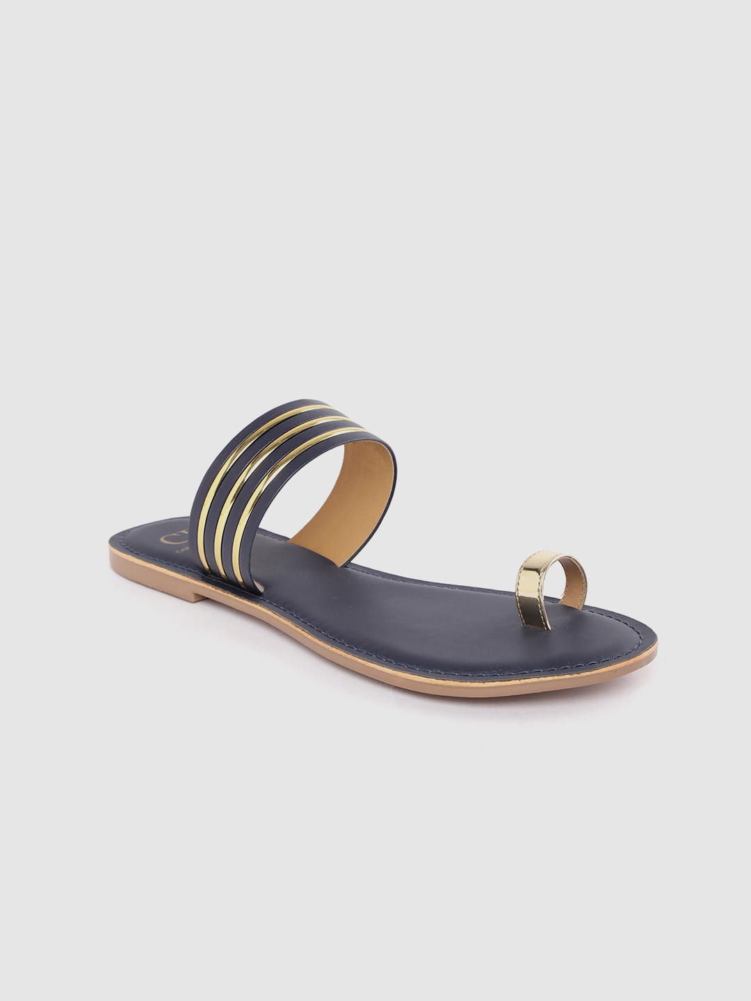 

Carlton London Women Navy Blue & Gold-Toned Striped Ethnic One Toe Flats