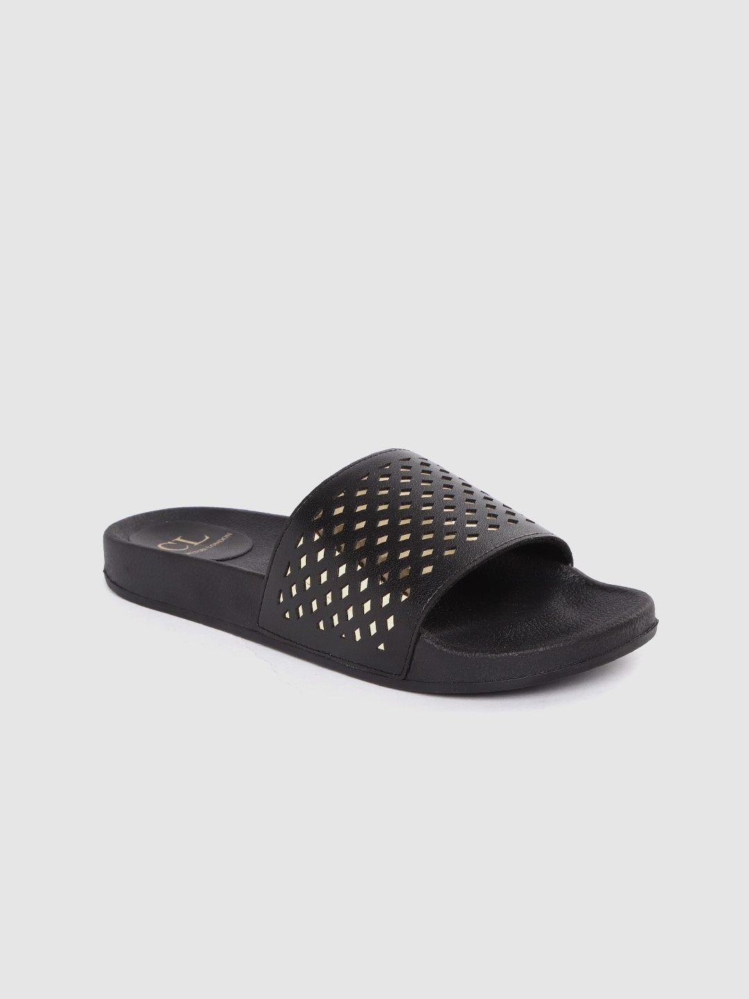 

Carlton London Women Black & Gold-Toned Laser Cut Open Toe Flats