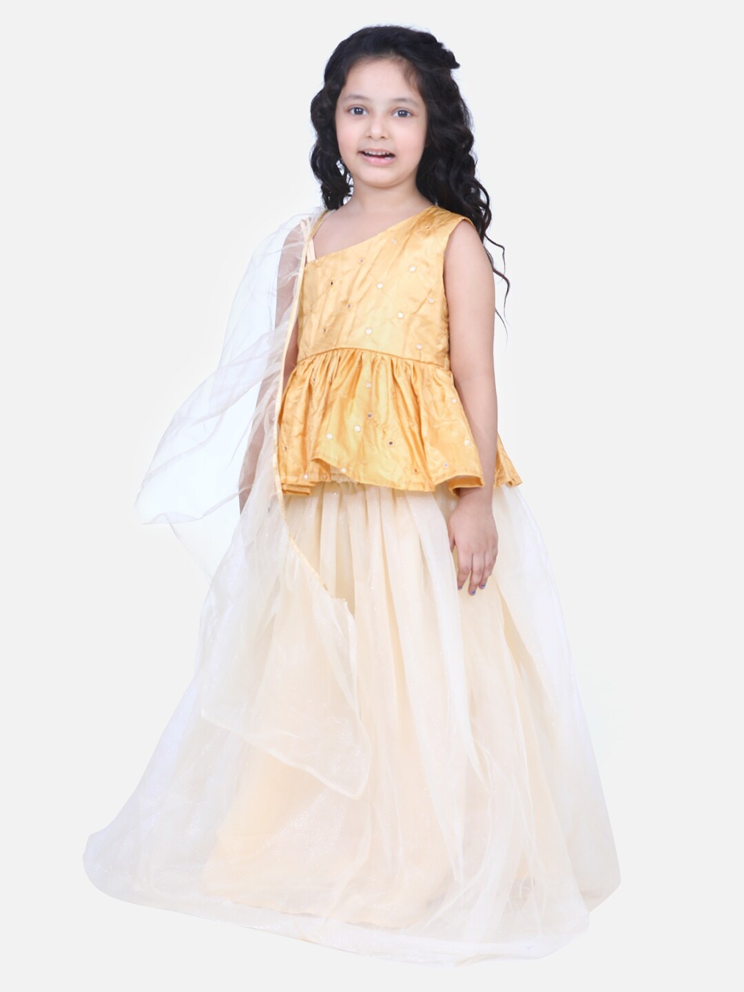 

Samsara Couture Girls Gold-Toned & White Embroidered Ready to Wear Lehenga & Blouse with Dupatta