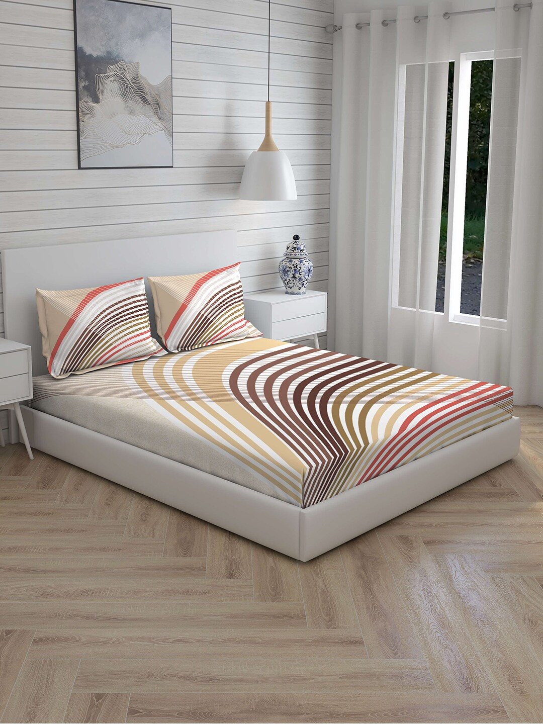 

Boutique Living India Beige & White Striped 144 TC Cotton 1 King Bedsheet with 2 Pillow Covers