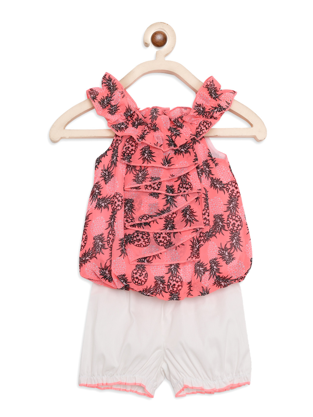 

Nauti Nati Girls Peach-Coloured & White Printed Top with Shorts