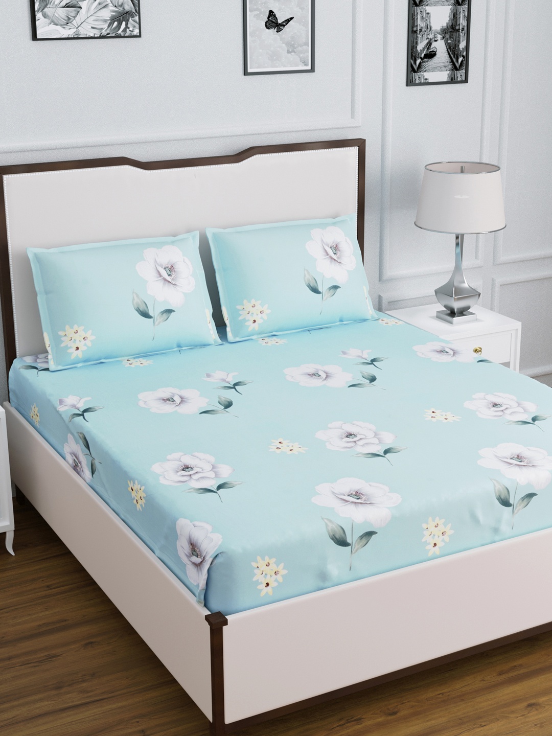 

DREAM WEAVERZ Blue & White Floral Glazed Cotton 220 TC King Bedsheet with 2 Pillow Covers