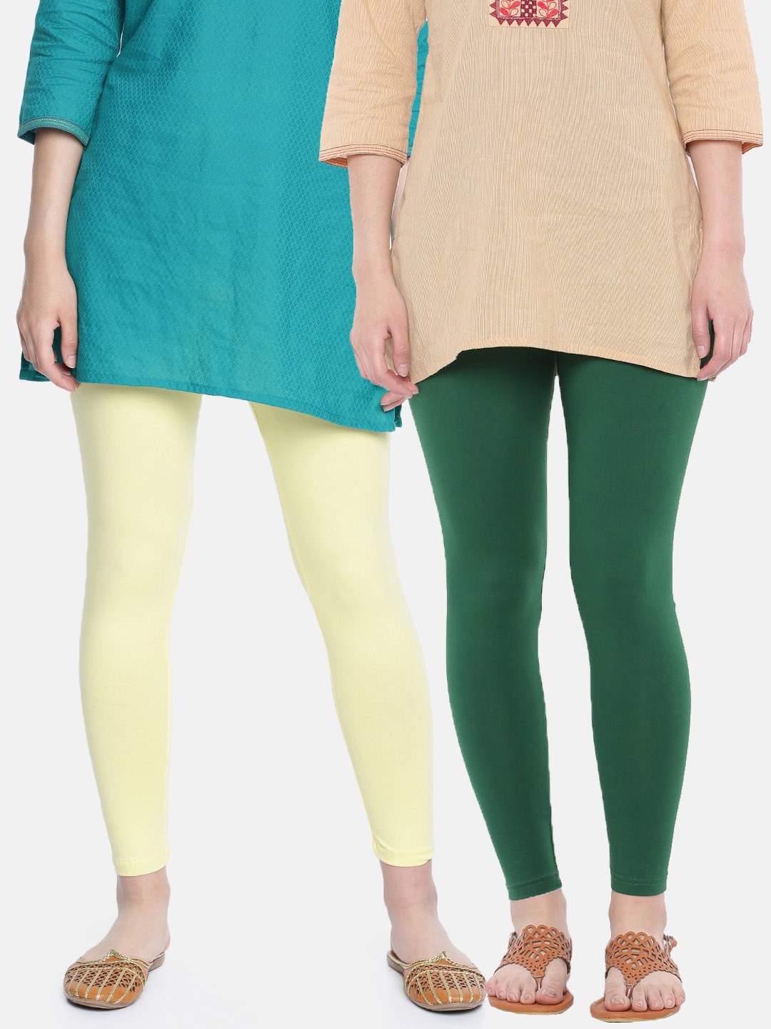 

Dollar Missy Women Pack Of 2 Solid Ankle-Length Cotton Leggings, Green