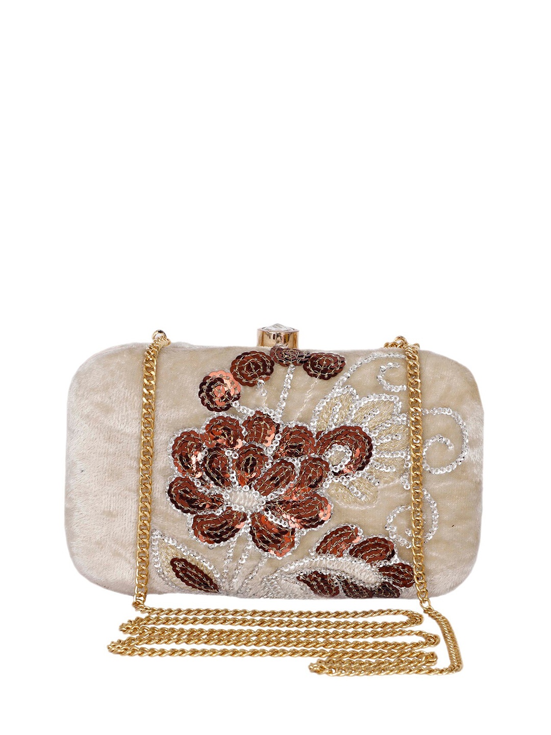 

REZZY Cream-Coloured & Brown Embellished Clutch