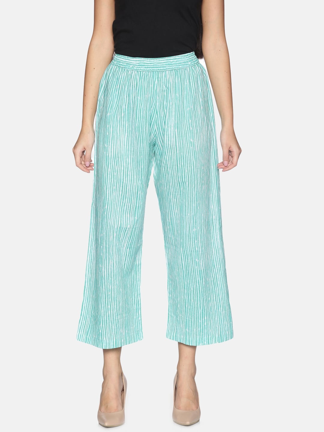 

Saffron Threads Women Turquoise Blue & White Striped Wide Leg Palazzos