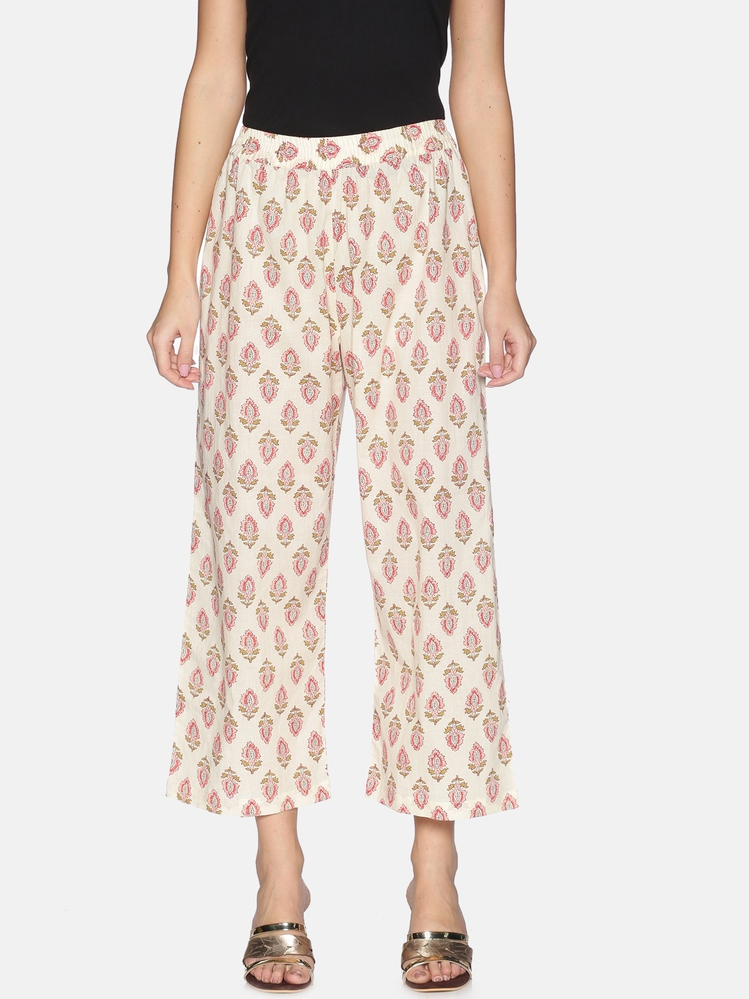 

Saffron Threads Women Cream-Coloured & Pink Printed Wide Leg Cotton Palazzos