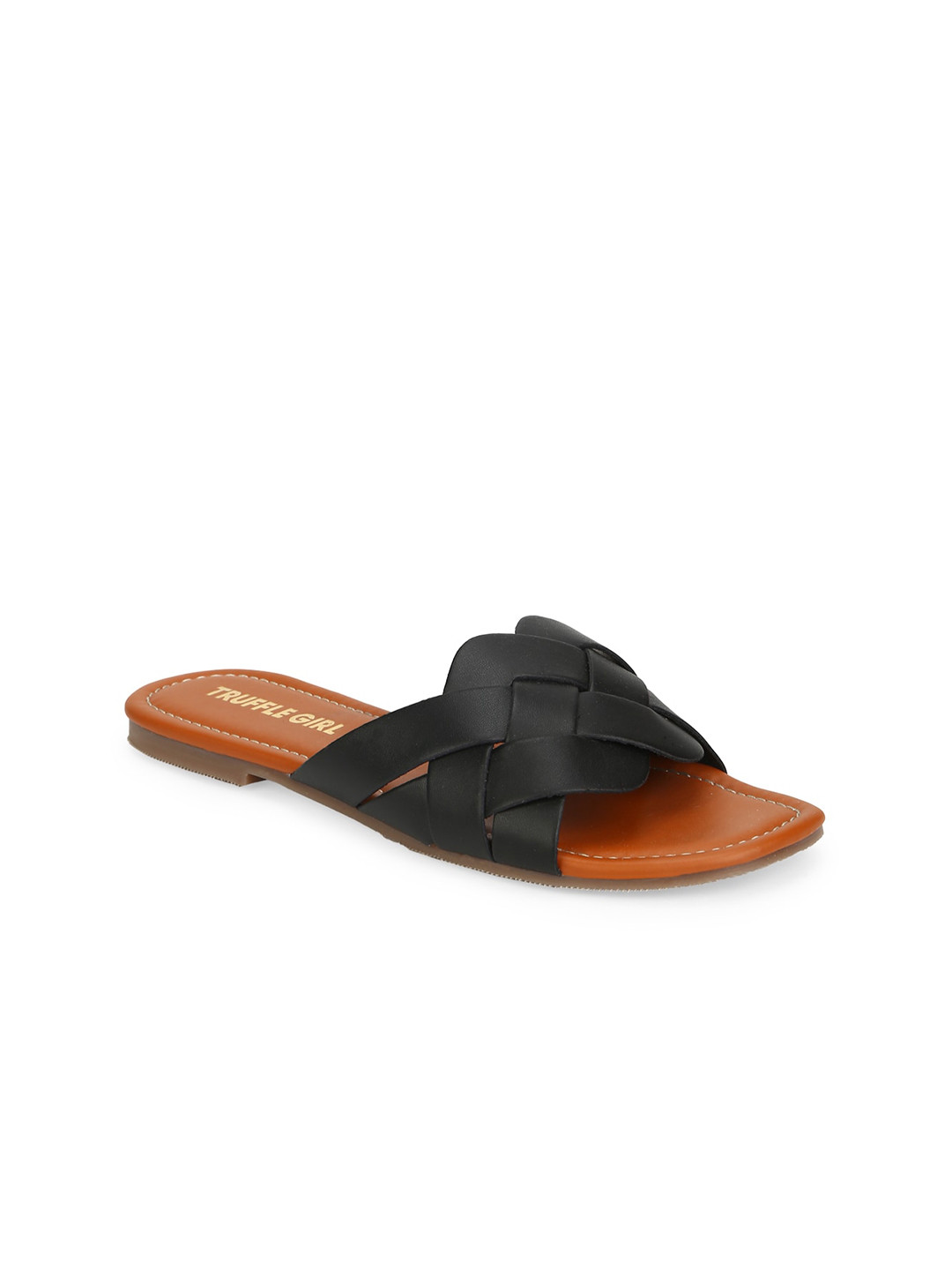 

Truffle Collection Women Black Woven Design PU Open Toe Flats