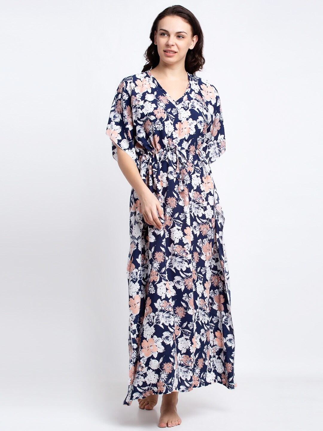 

Claura Navy Blue & White Floral Printed Kaftan Nightdress