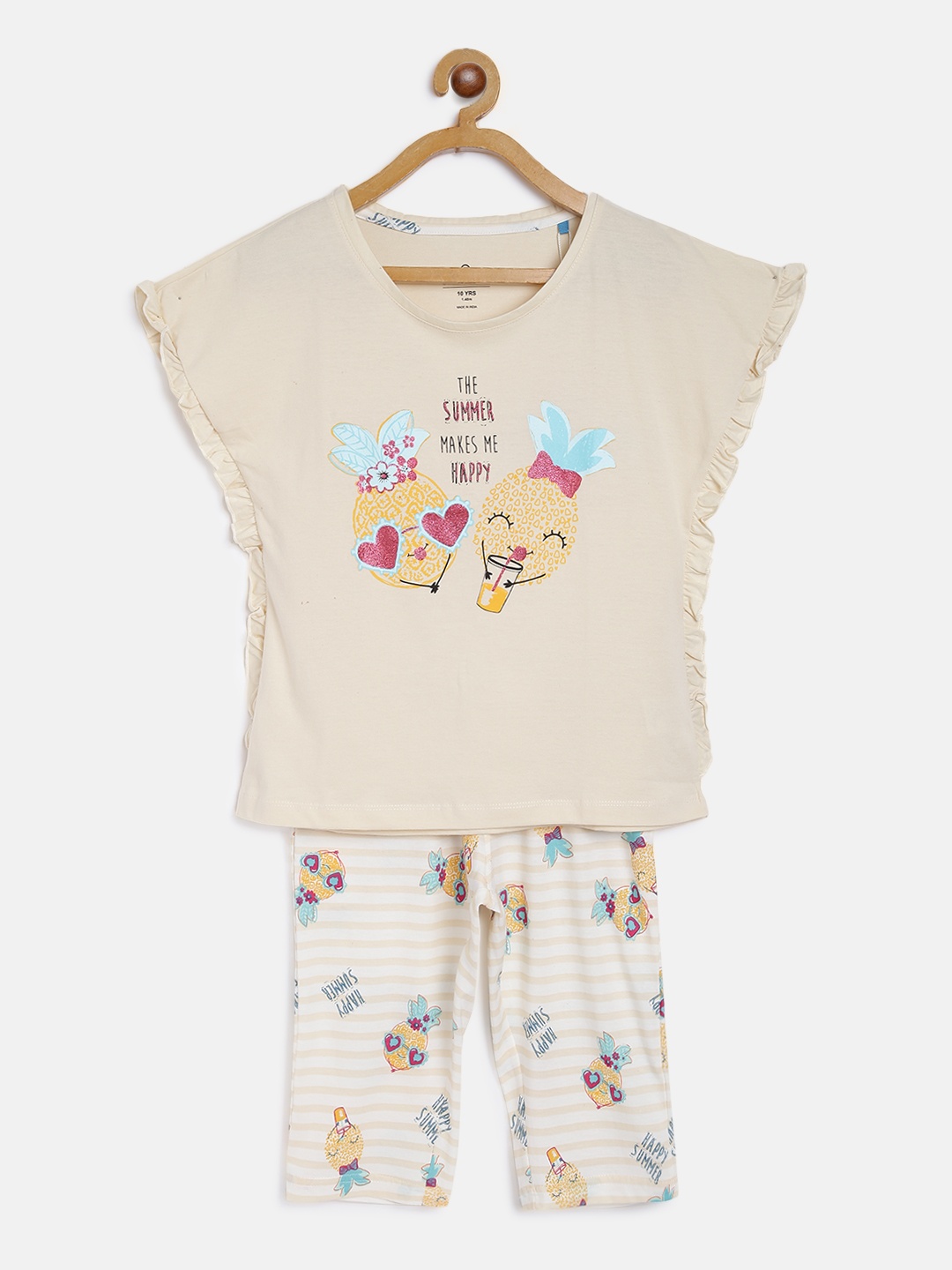 

Sweet Dreams Girls Beige & Yellow Tropical Print Night suit