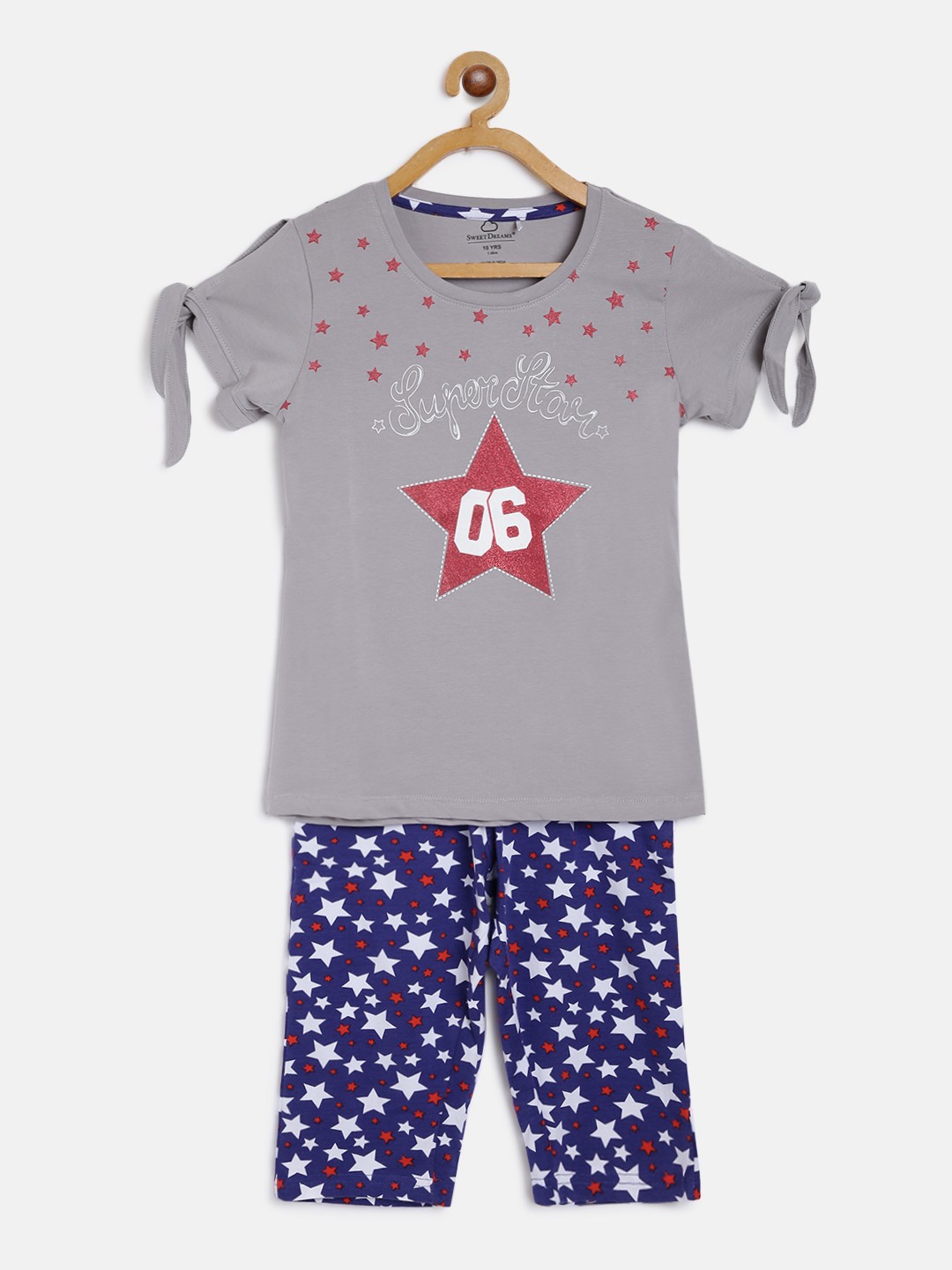 

Sweet Dreams Girls Grey & Navy Blue Stars Print Night suit