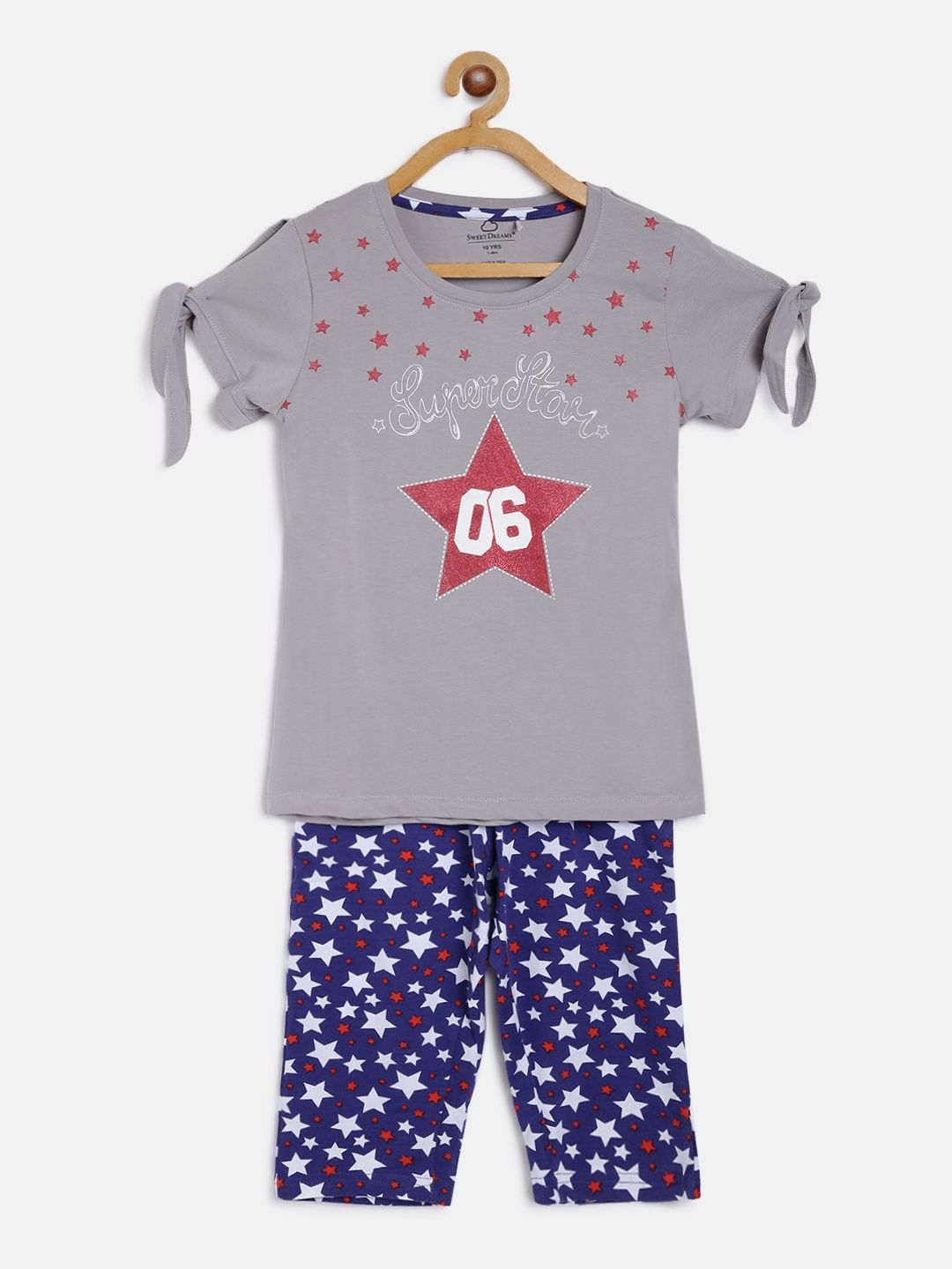 

Sweet Dreams Girls Grey & Red Star Printed Night suit