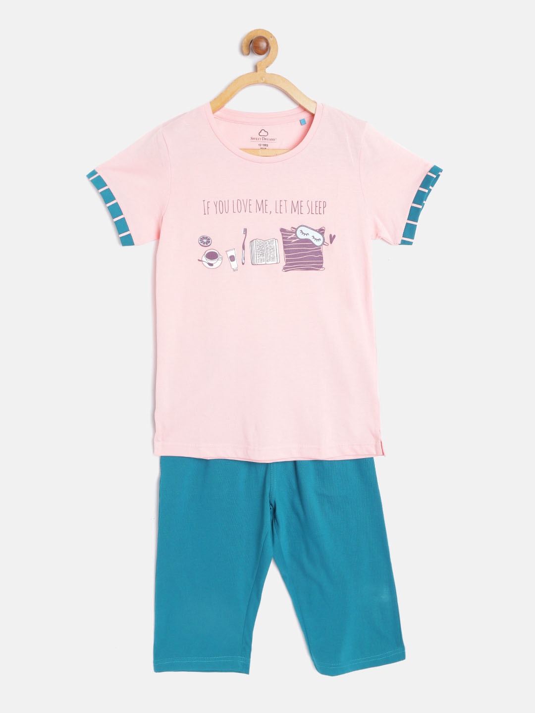 

Sweet Dreams Girls Pink & Teal Blue Printed Night Suit