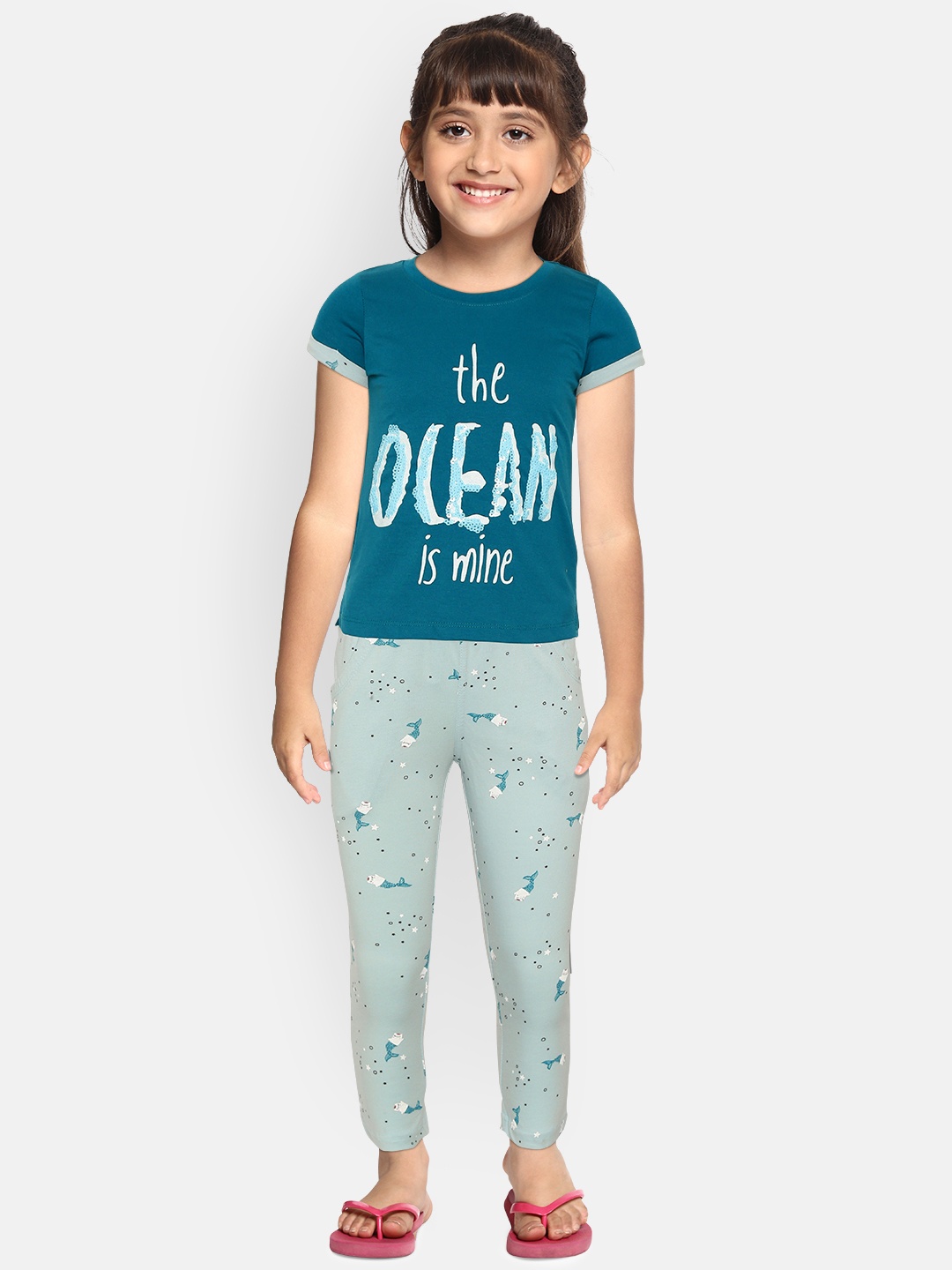 

Sweet Dreams Girls Teal Blue & White Typography Print Night Suit