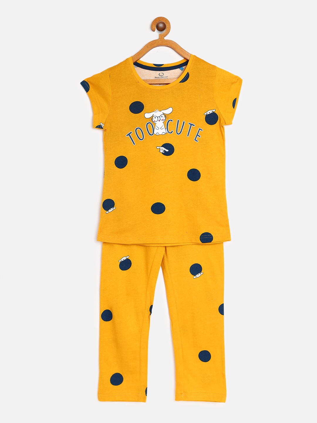

Sweet Dreams Girls Mustard Yellow & Navy Blue Polka Dot Printed Night suit