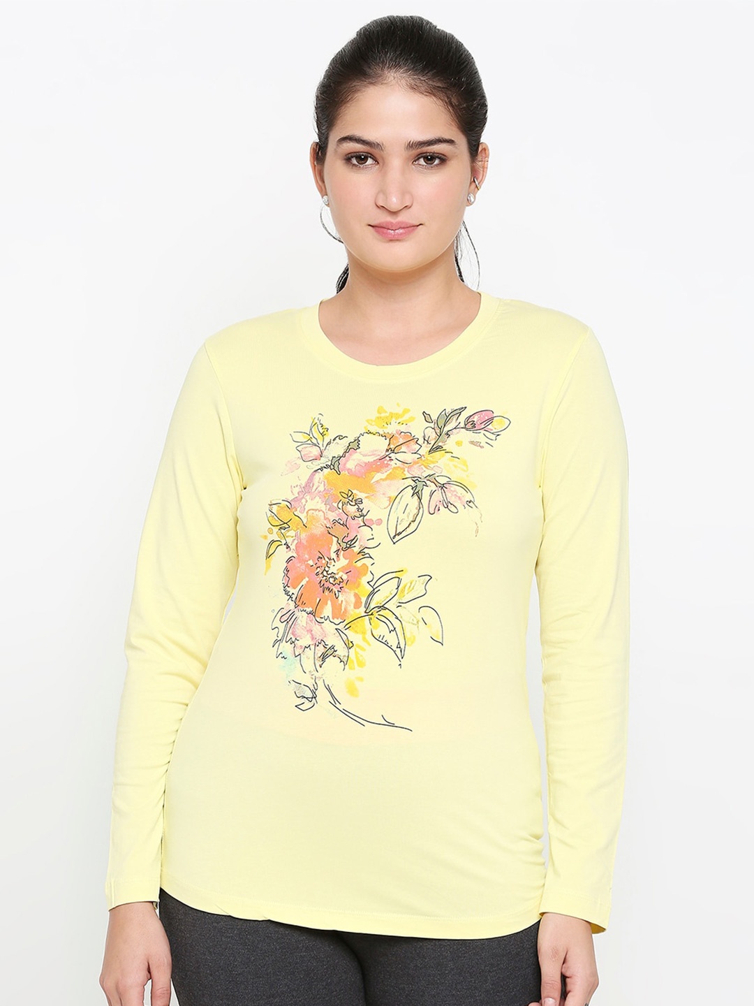 

XIN Women Yellow Floral Printed Round Neck Pure Cotton T-shirt