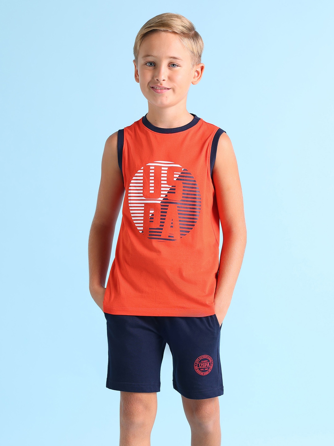 

U.S. Polo Assn. Kids Boys Rust Red Cotton Printed Round Neck Sleeveless Lounge T-shirt