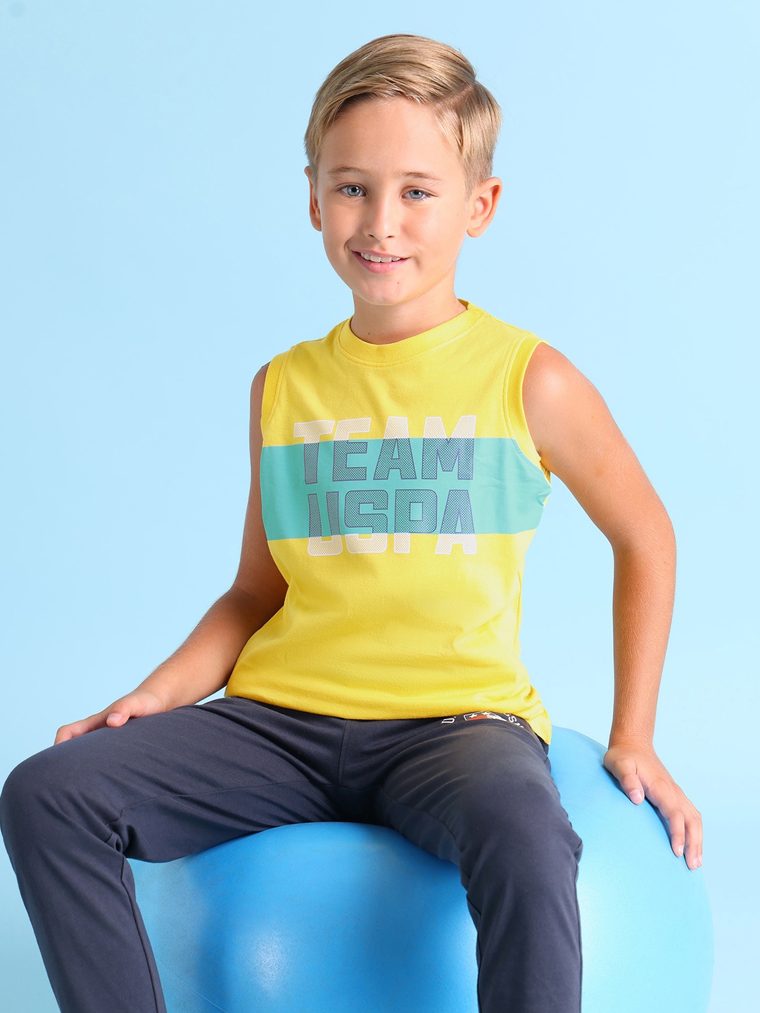 

U.S. Polo Assn. Kids Boys Yellow & Blue Cotton Brand Logo Print Lounge T-shirt