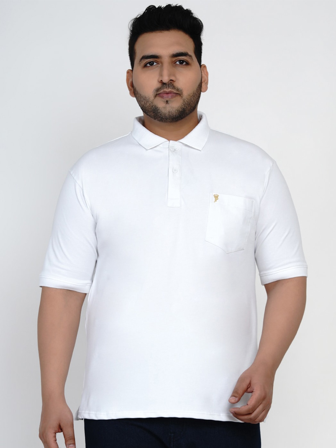 

John Pride Plus Size Men White Solid Polo Collar T-shirt