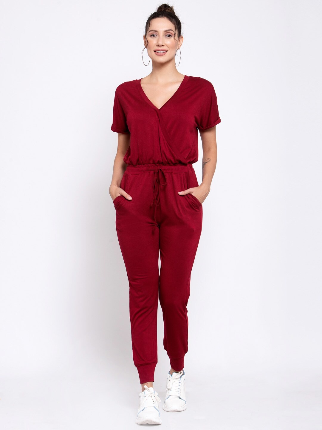 

iki chic Women Maroon Solid Basic Wrapover Jumpsuit