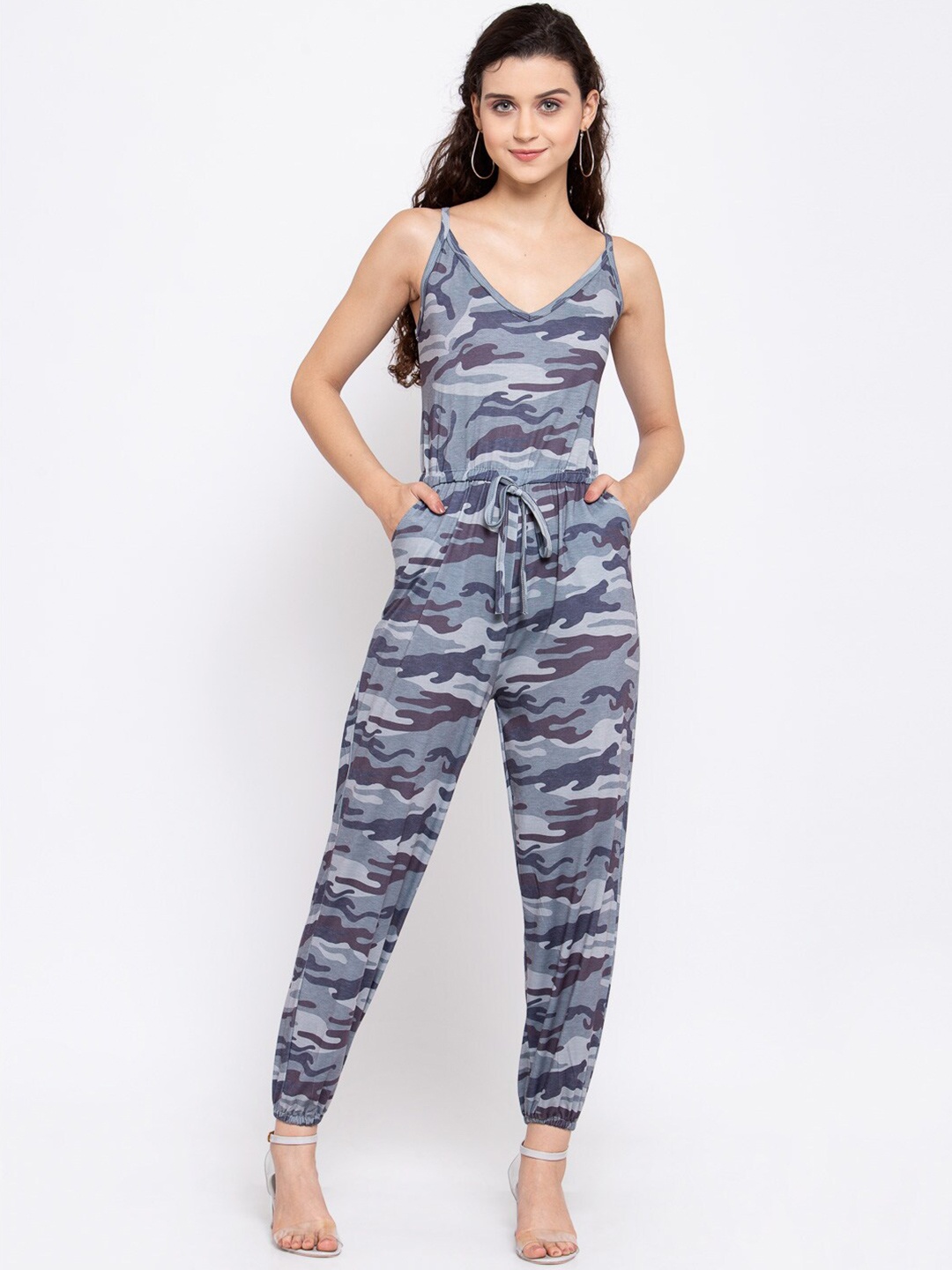 

iki chic Women Grey Camouflage Printed Basic Jumpsuit