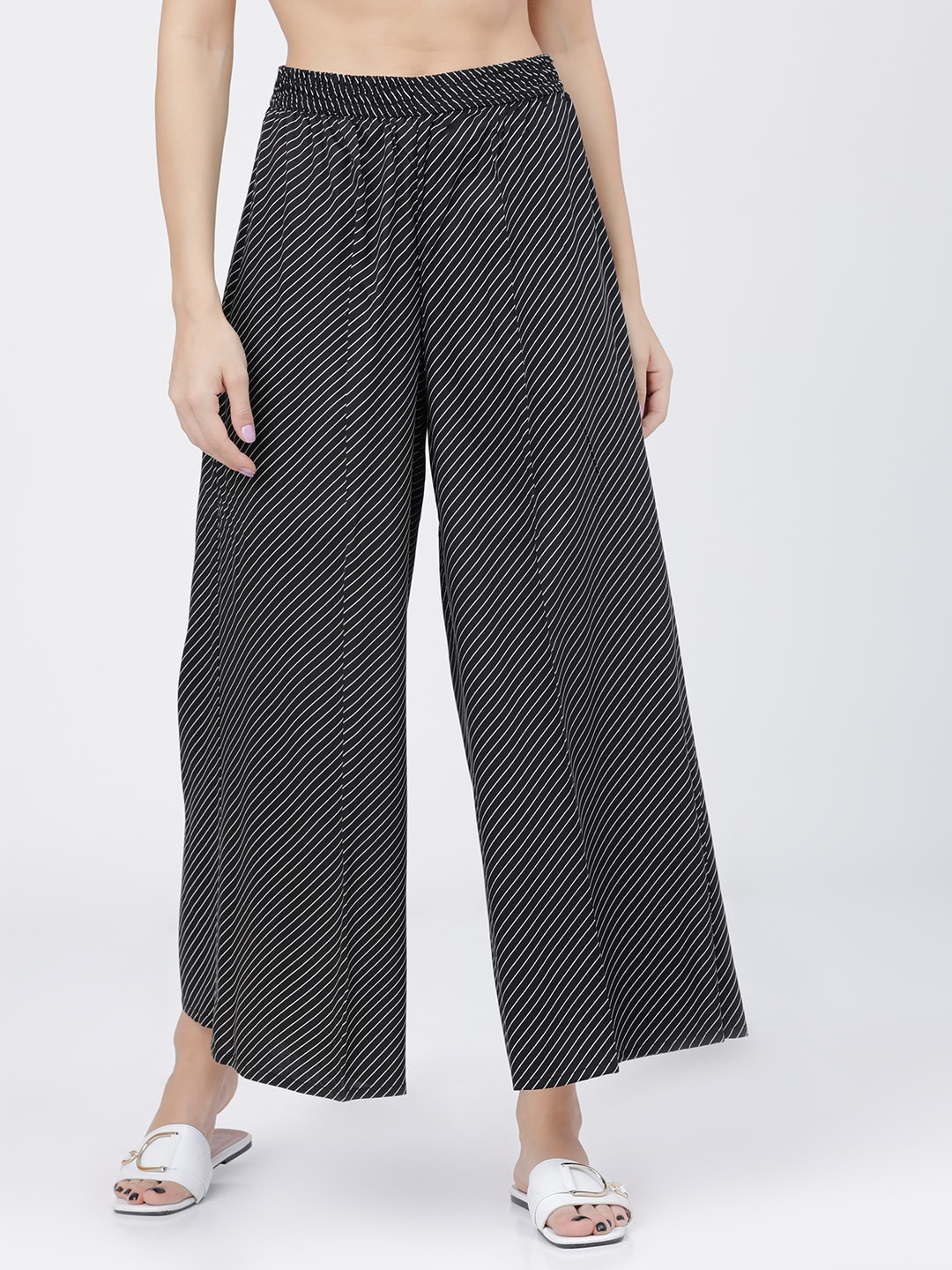 

Vishudh Women Black & White Striped Wide Leg Palazzos
