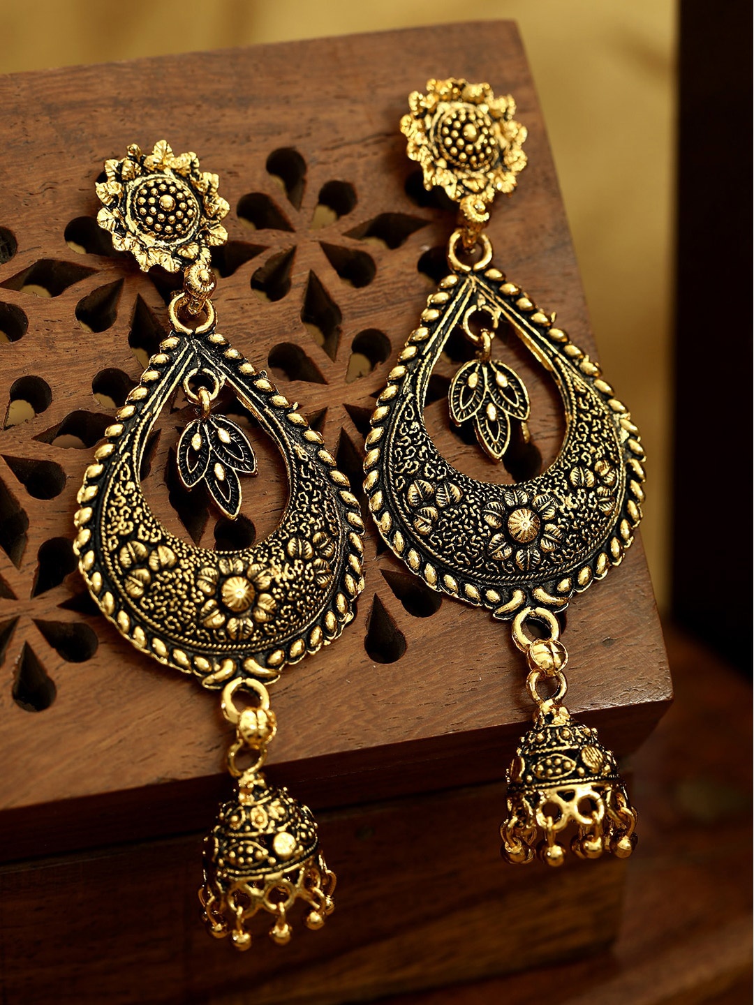 

ANIKAS CREATION Gold-Toned Teardrop Shaped Antique Drop Earrings