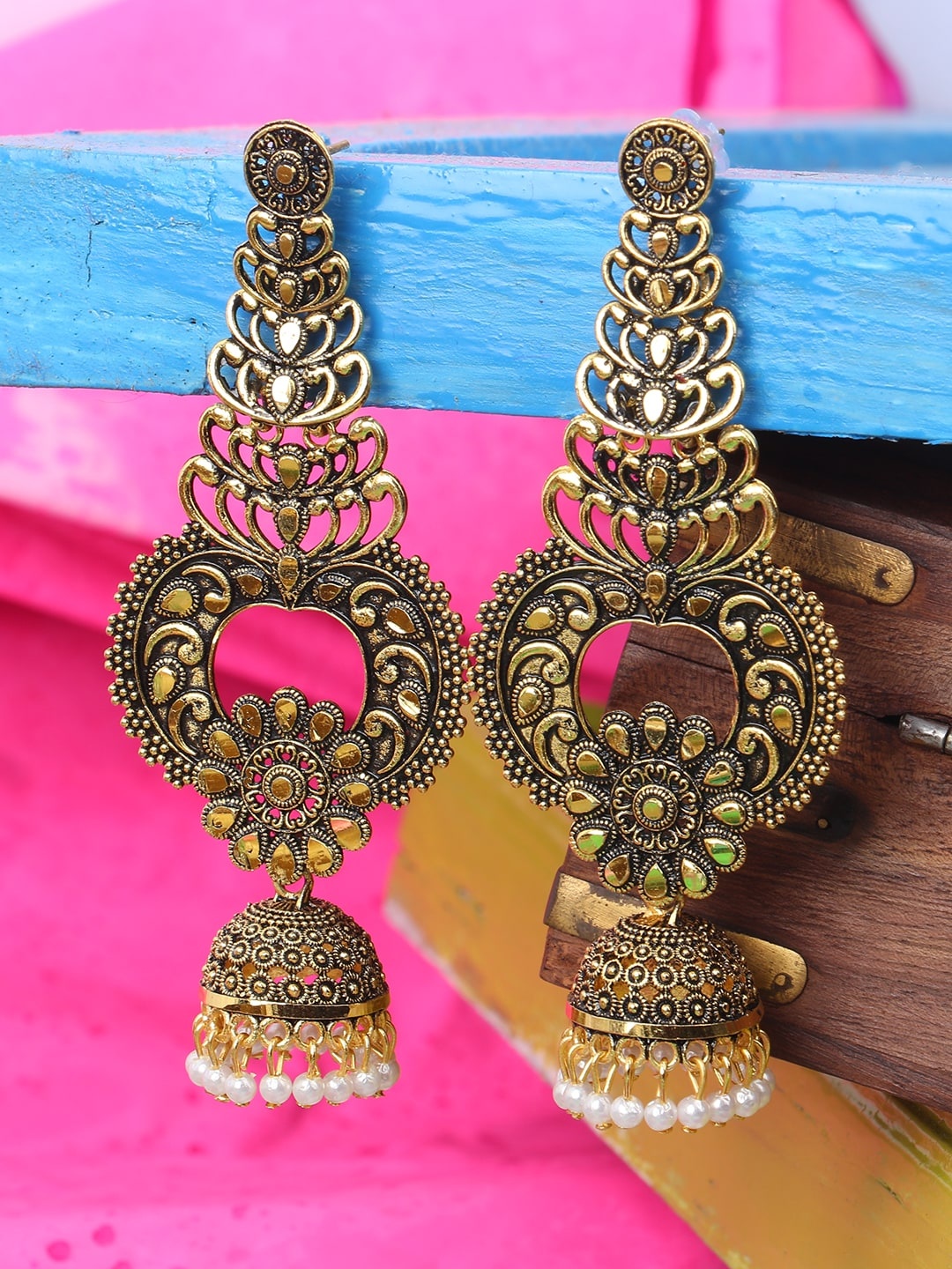 

ANIKAS CREATION Gold-Plated Traditonal Floral Jhumkas